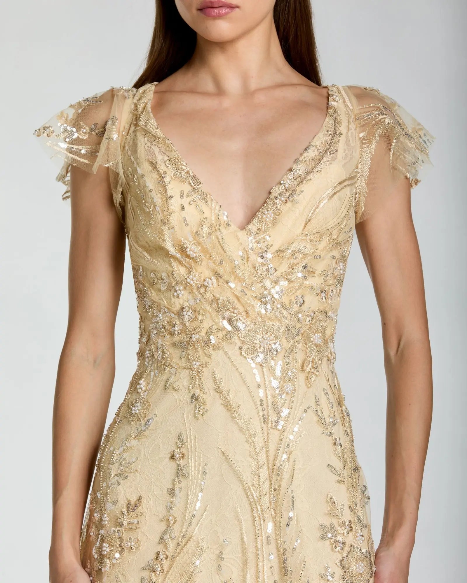 Gold V Neck Flutter Sleeve Embroidered Lace Gown - Image 2