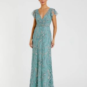 Blue V Neck Flutter Sleeve Embroidered Lace Gown