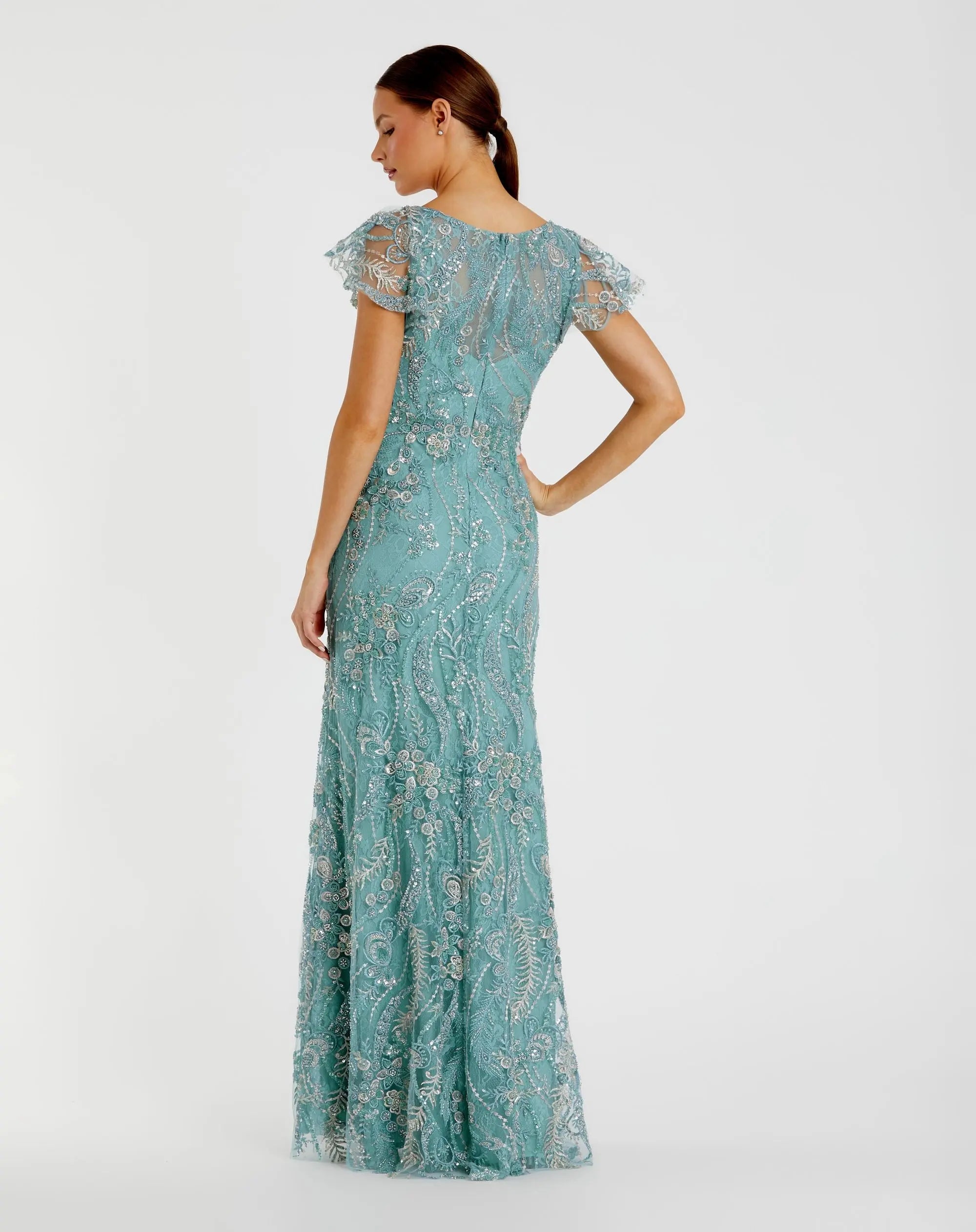 Blue V Neck Flutter Sleeve Embroidered Lace Gown - Image 3