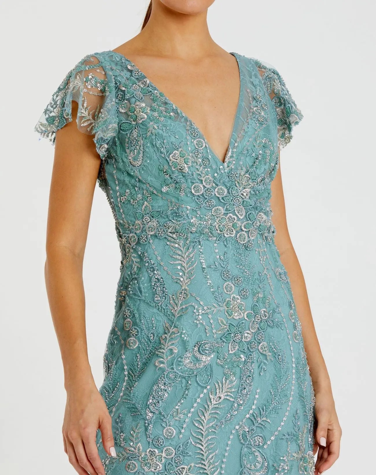 Blue V Neck Flutter Sleeve Embroidered Lace Gown - Image 2