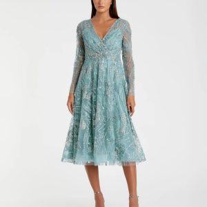 Blue Embellished Long Sleeve V-Neck Midi Dress