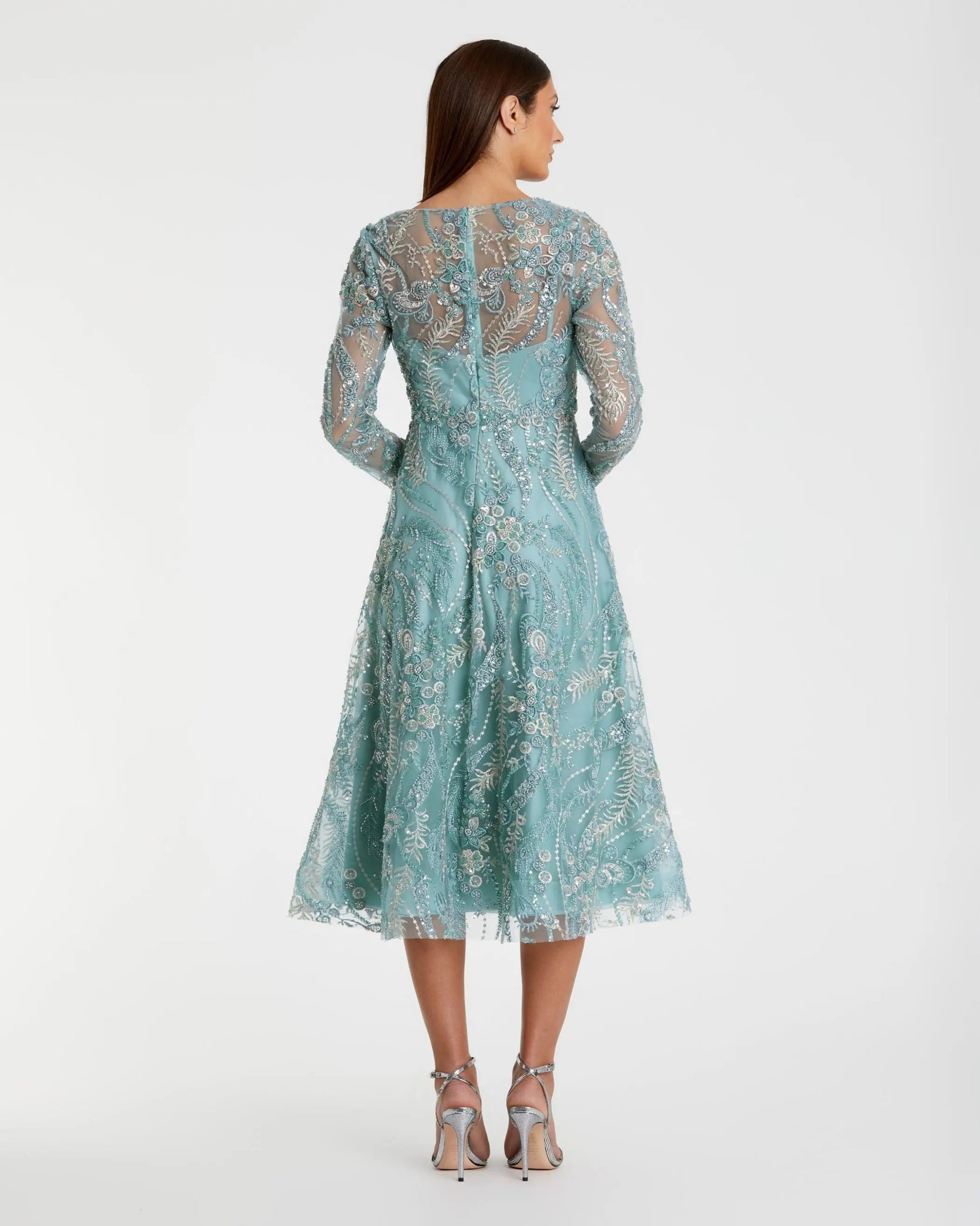 Blue Embellished Long Sleeve V-Neck Midi Dress - Image 3