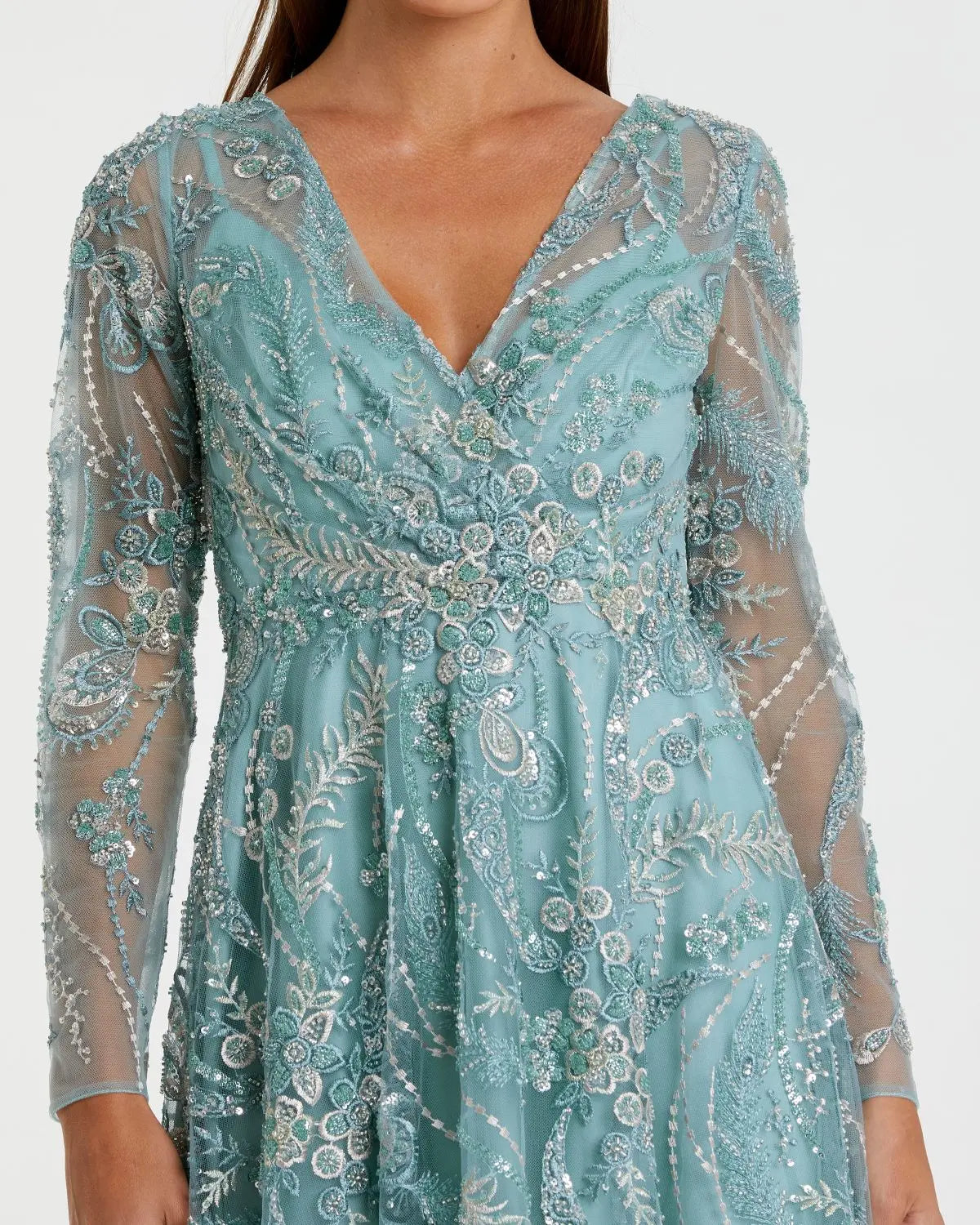Blue Embellished Long Sleeve V-Neck Midi Dress - Image 2