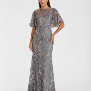 Gray High Neck Flutter Sleeve Embroidered Gown
