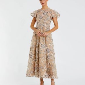 Beige Flutter Sleeve Butterfly Embroidered Maxi Dress