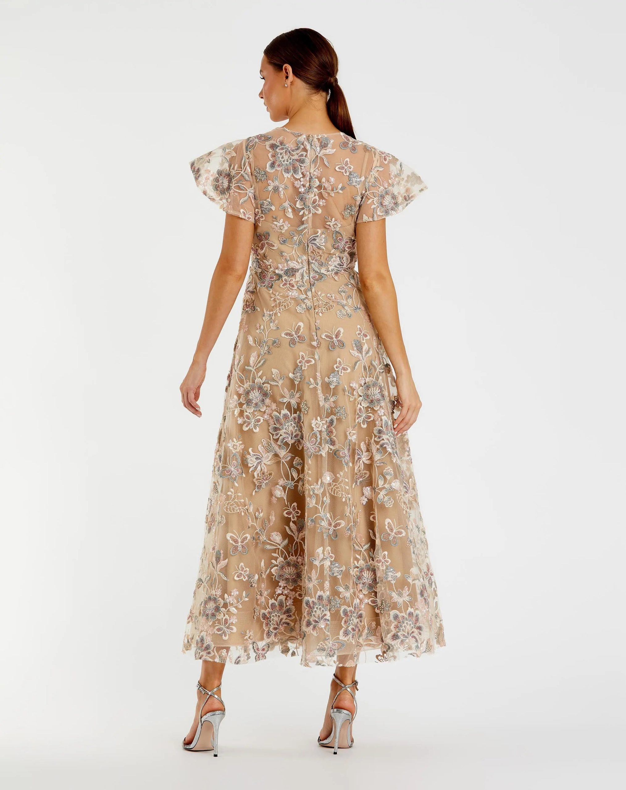 Beige Flutter Sleeve Butterfly Embroidered Maxi Dress - Image 3