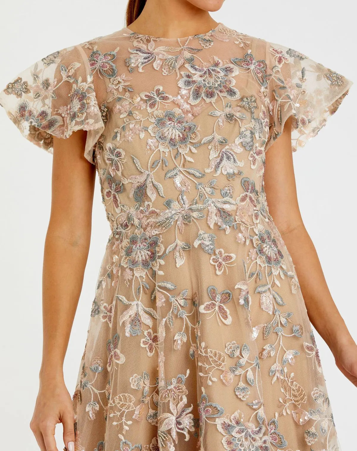 Beige Flutter Sleeve Butterfly Embroidered Maxi Dress - Image 2