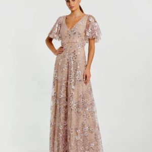 Pink Lace Embellished Flutter Sleeve A-Line Gown