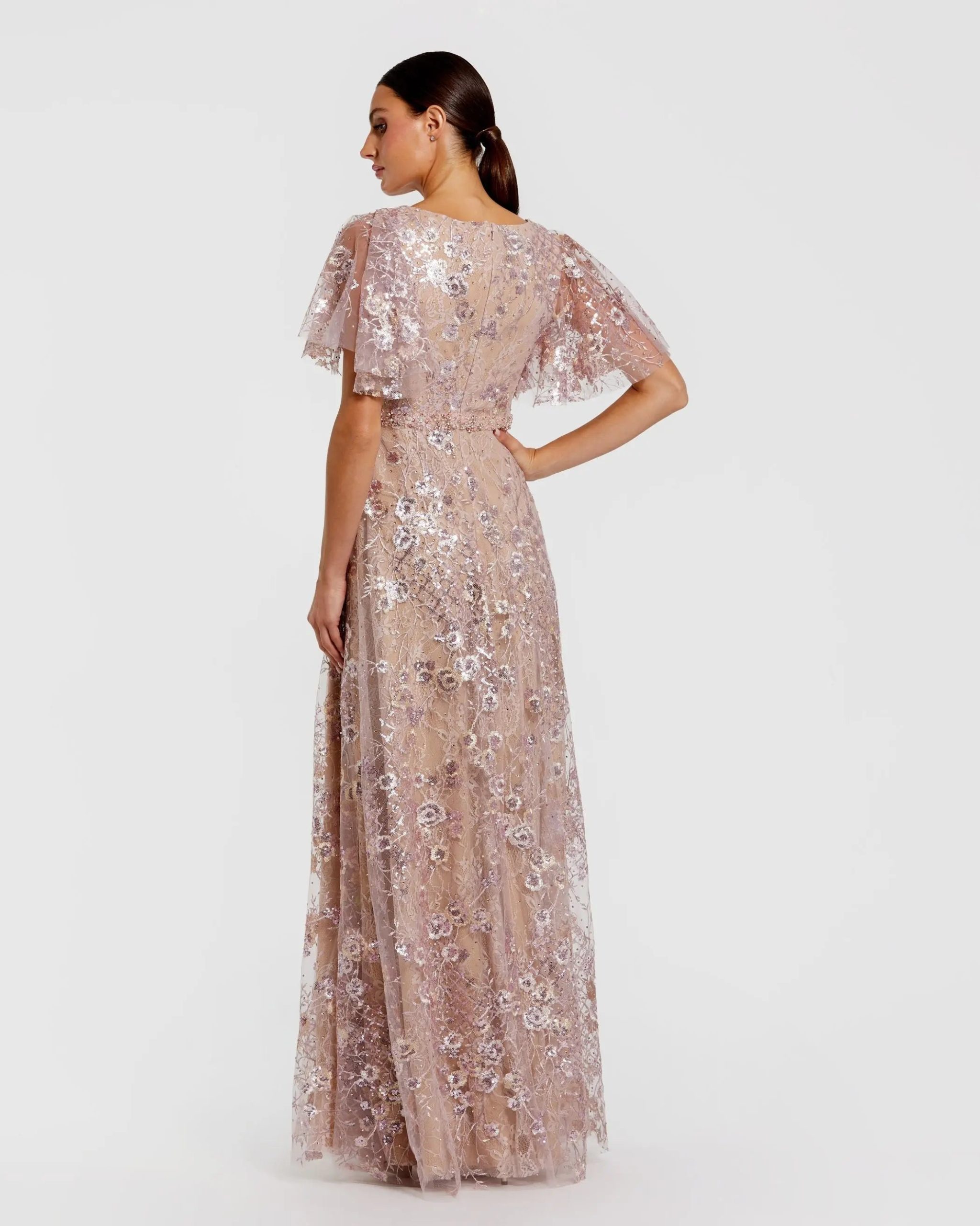 Pink Lace Embellished Flutter Sleeve A-Line Gown - Image 3