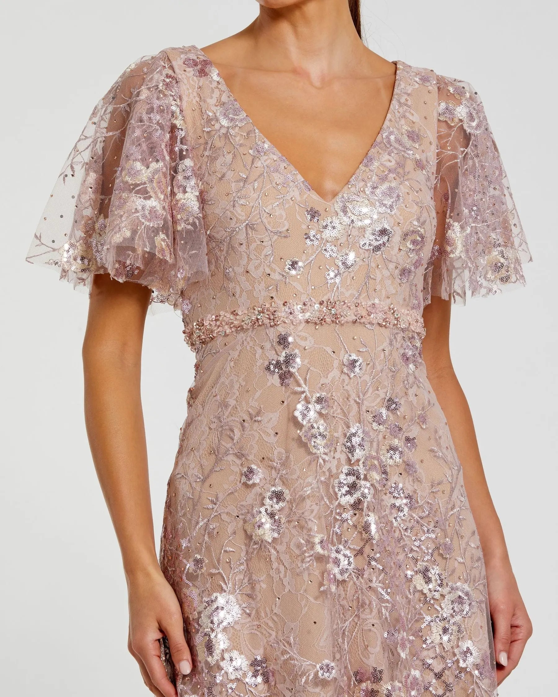 Pink Lace Embellished Flutter Sleeve A-Line Gown - Image 2