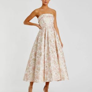 Pink and White Strapless Floral Brocade A Line Midi Dress