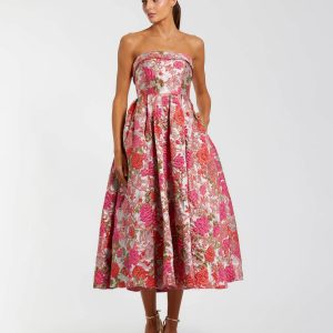 Pink Floral Brocade Strapless A-Line Midi Dress