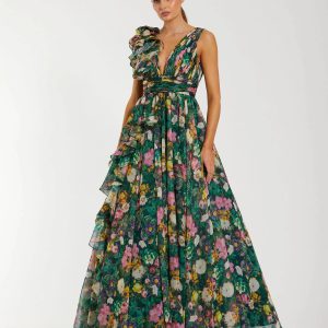 Green Sleeveless V-Neck Floral Chiffon Ruffle Ball Gown
