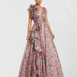 Pink Sleeveless V-Neck Floral Chiffon Ruffle Ball Gown