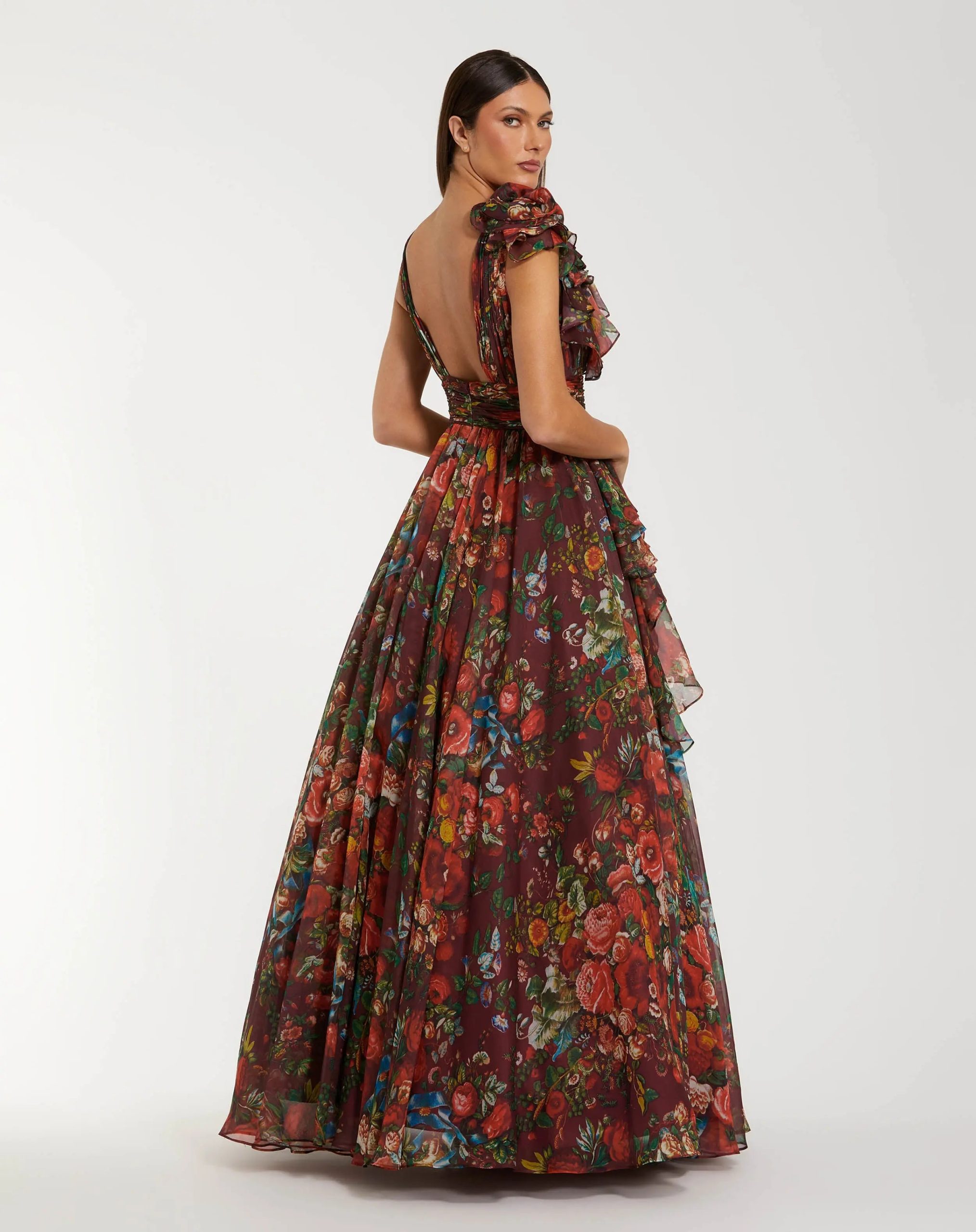 Wine Sleeveless V-Neck Floral Chiffon Ruffle Ball Gown - Image 3