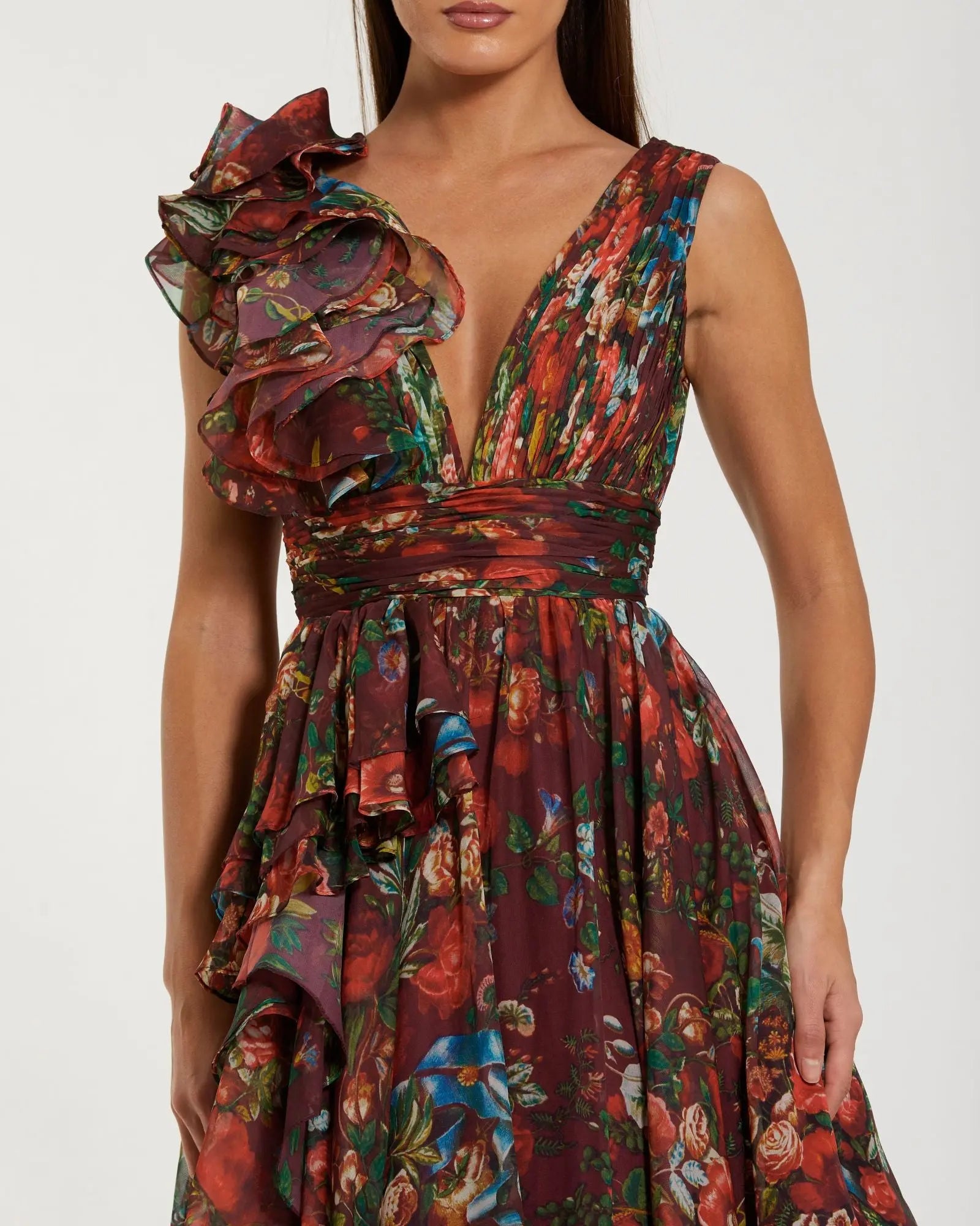 Wine Sleeveless V-Neck Floral Chiffon Ruffle Ball Gown - Image 2