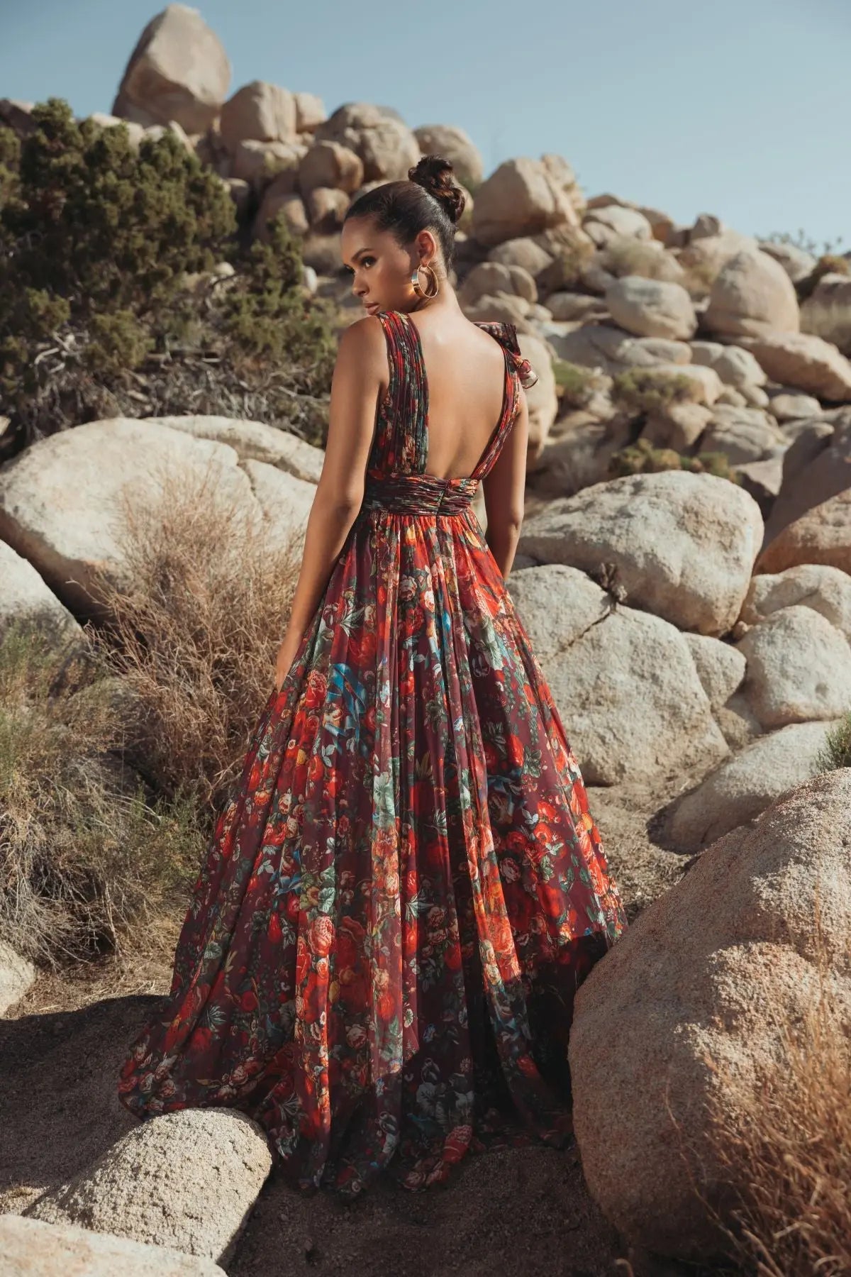 Wine Sleeveless V-Neck Floral Chiffon Ruffle Ball Gown - Image 6