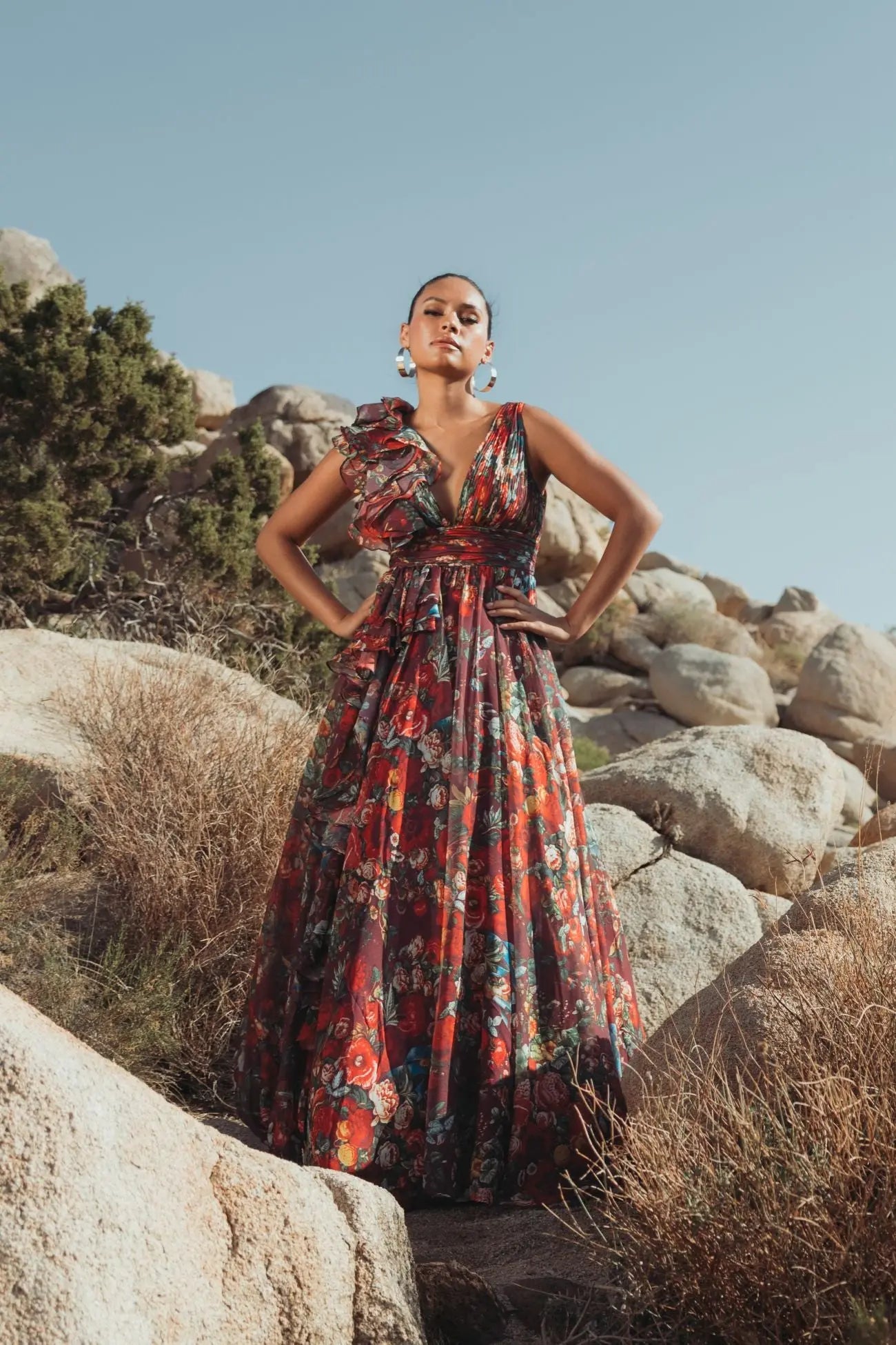Wine Sleeveless V-Neck Floral Chiffon Ruffle Ball Gown - Image 4