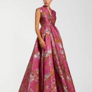Pink Metallic Jacquard Ball Gown with Mandarin Collar