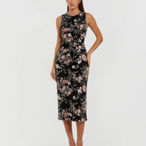 Black Velvet High Neck Sequined Midi Dress with Multicolor Embroidery