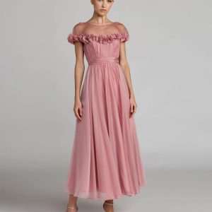Pink Chiffon Illusion Neck Midi Dress With 3D Flowers
