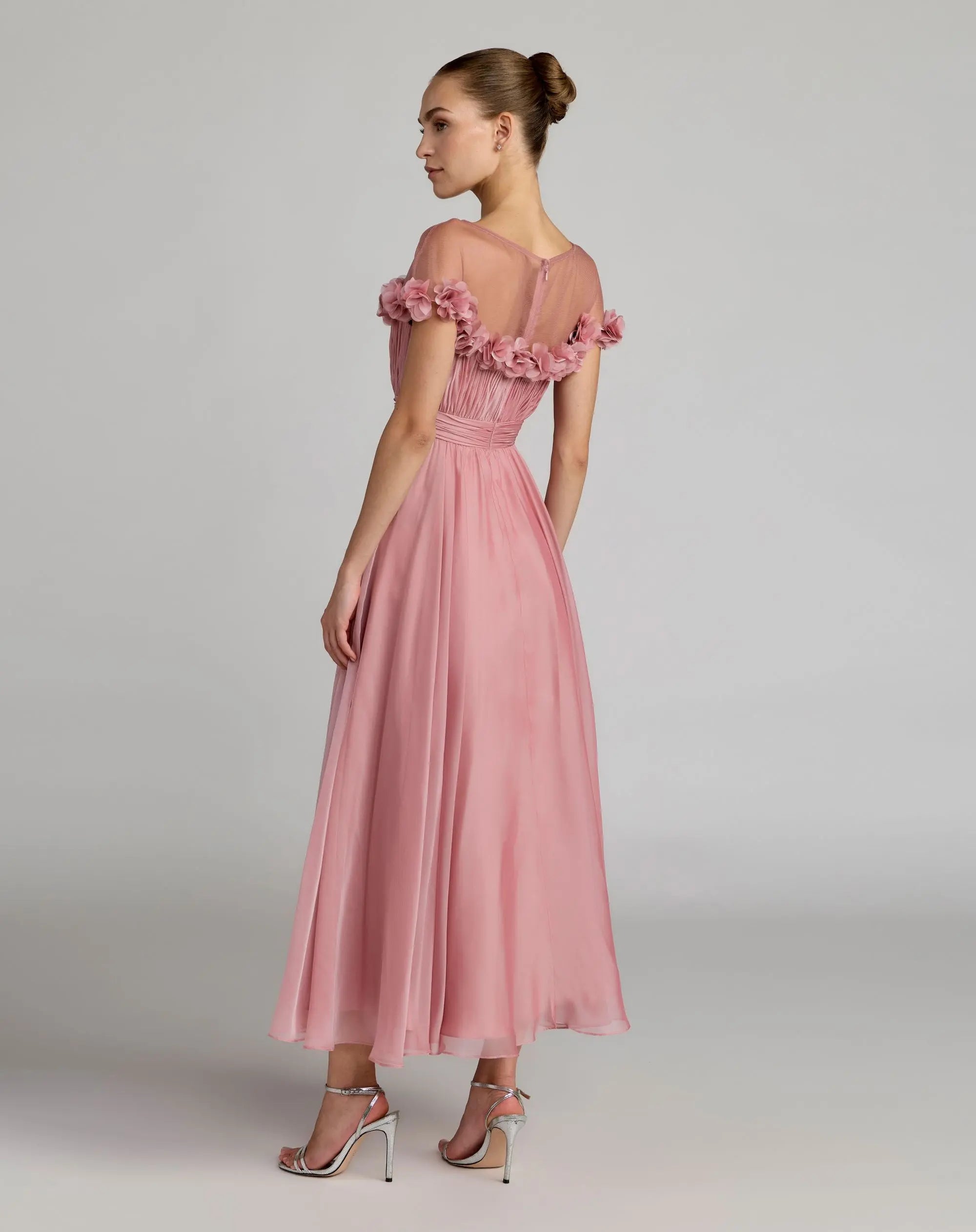 Pink Chiffon Illusion Neck Midi Dress With 3D Flowers - Image 3