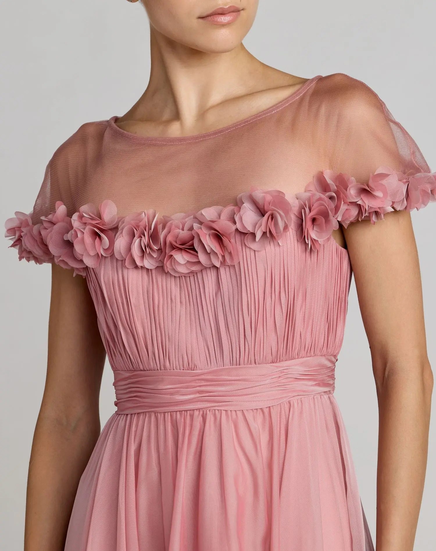 Pink Chiffon Illusion Neck Midi Dress With 3D Flowers - Image 2