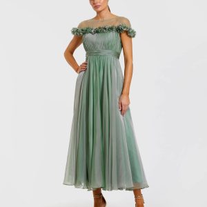 Green Chiffon Illusion Neck Midi Dress With 3D Flowers