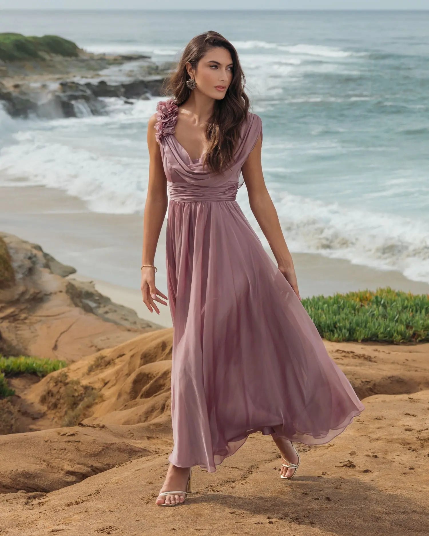 Pink Chiffon Cowl Neck Dress With 3D Flowers - Image 4