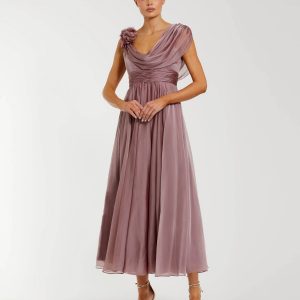 Pink Chiffon Cowl Neck Dress With 3D Flowers