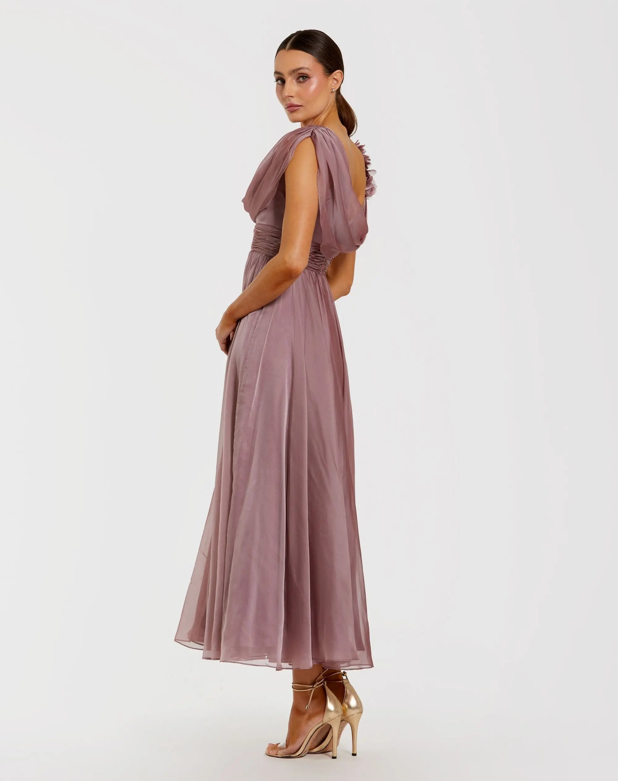 Pink Chiffon Cowl Neck Dress With 3D Flowers - Image 3