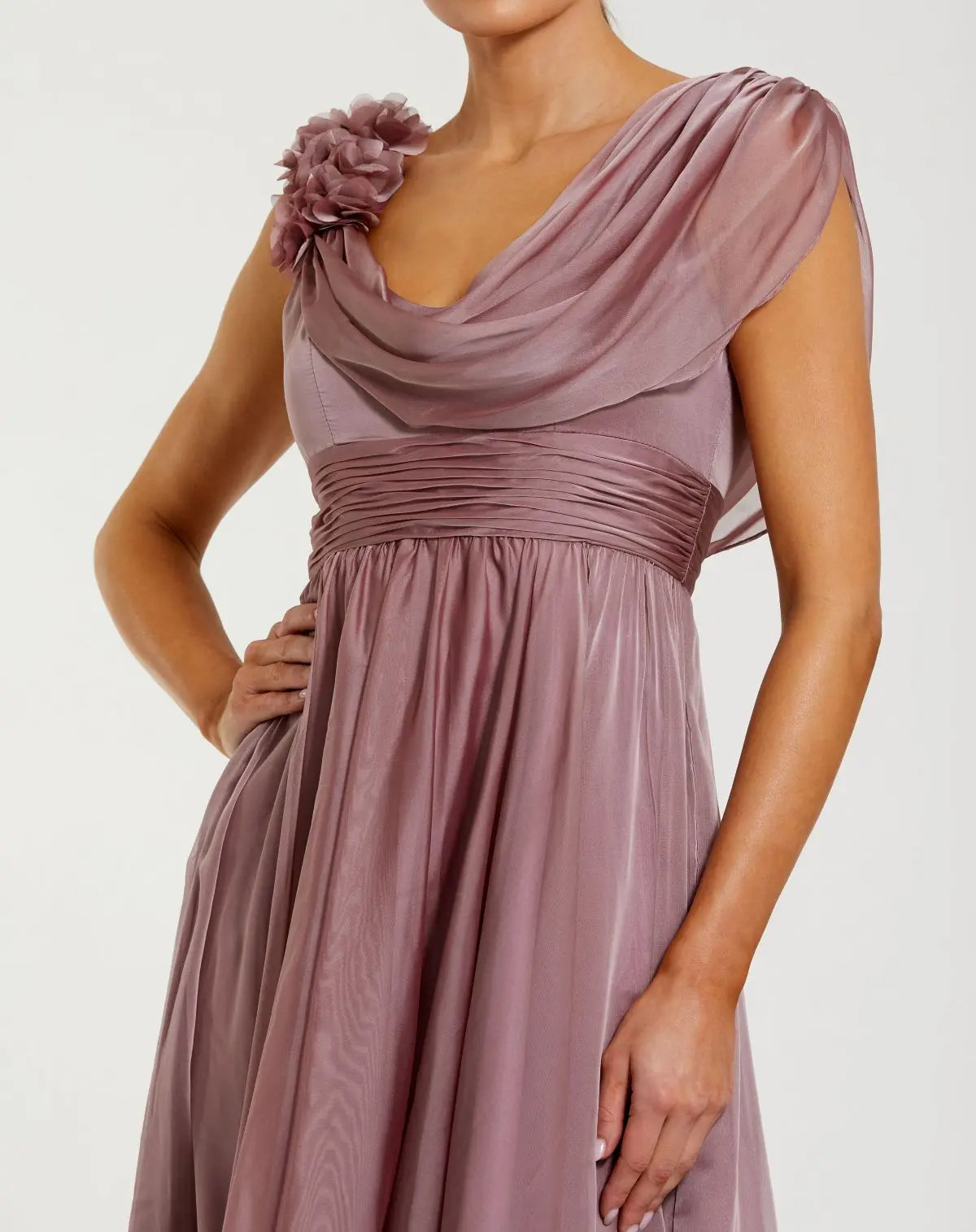 Pink Chiffon Cowl Neck Dress With 3D Flowers - Image 2