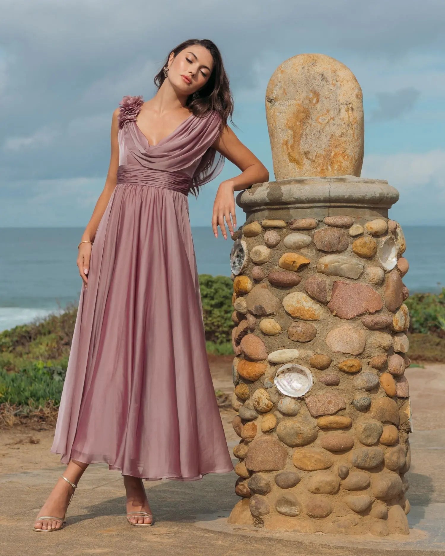 Pink Chiffon Cowl Neck Dress With 3D Flowers - Image 5