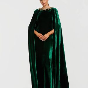 Dark Green Velvet Cape Gown With Embellished Neckline