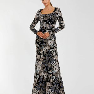 Black Floral Embroidered Velvet Evening Gown