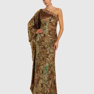 Gold One Shoulder Metallic Burnout Velvet Evening Gown