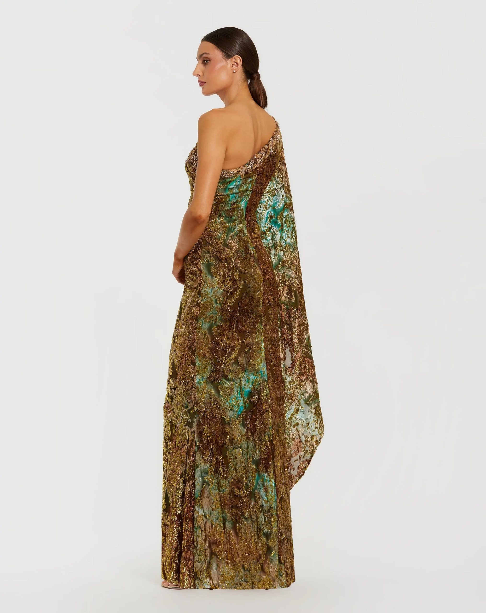 Gold One Shoulder Metallic Burnout Velvet Evening Gown - Image 3