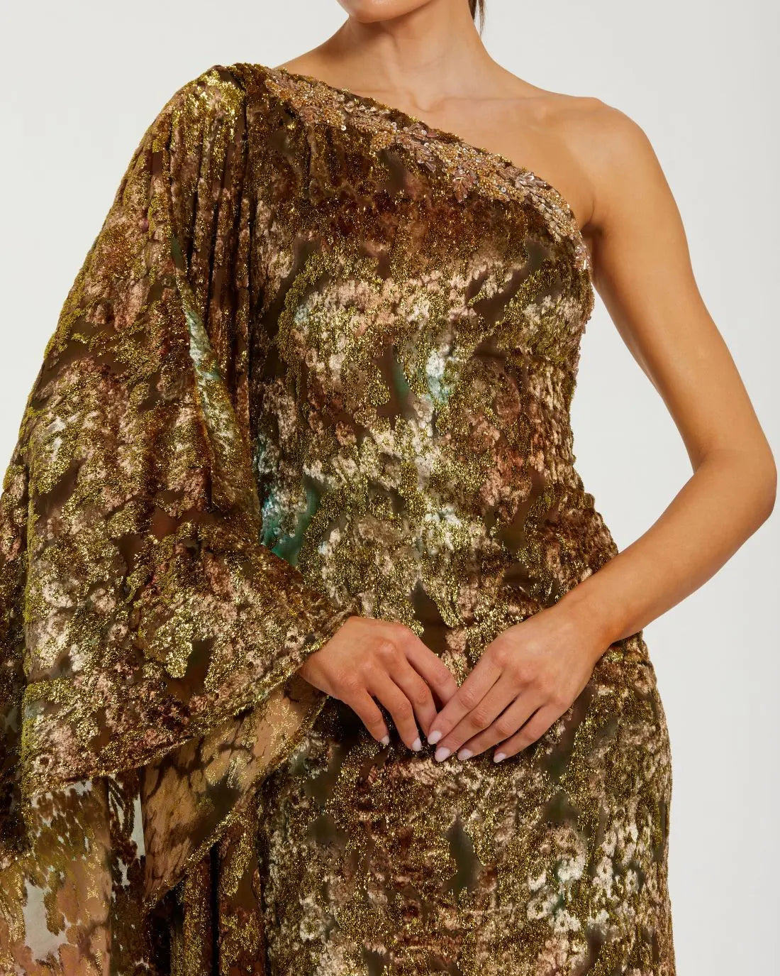 Gold One Shoulder Metallic Burnout Velvet Evening Gown - Image 2