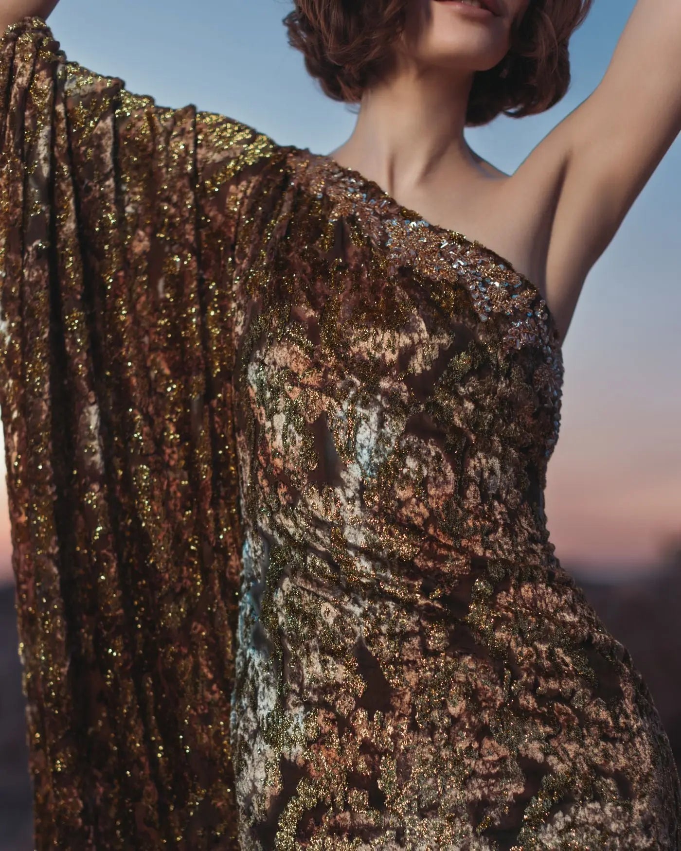 Gold One Shoulder Metallic Burnout Velvet Evening Gown - Image 5