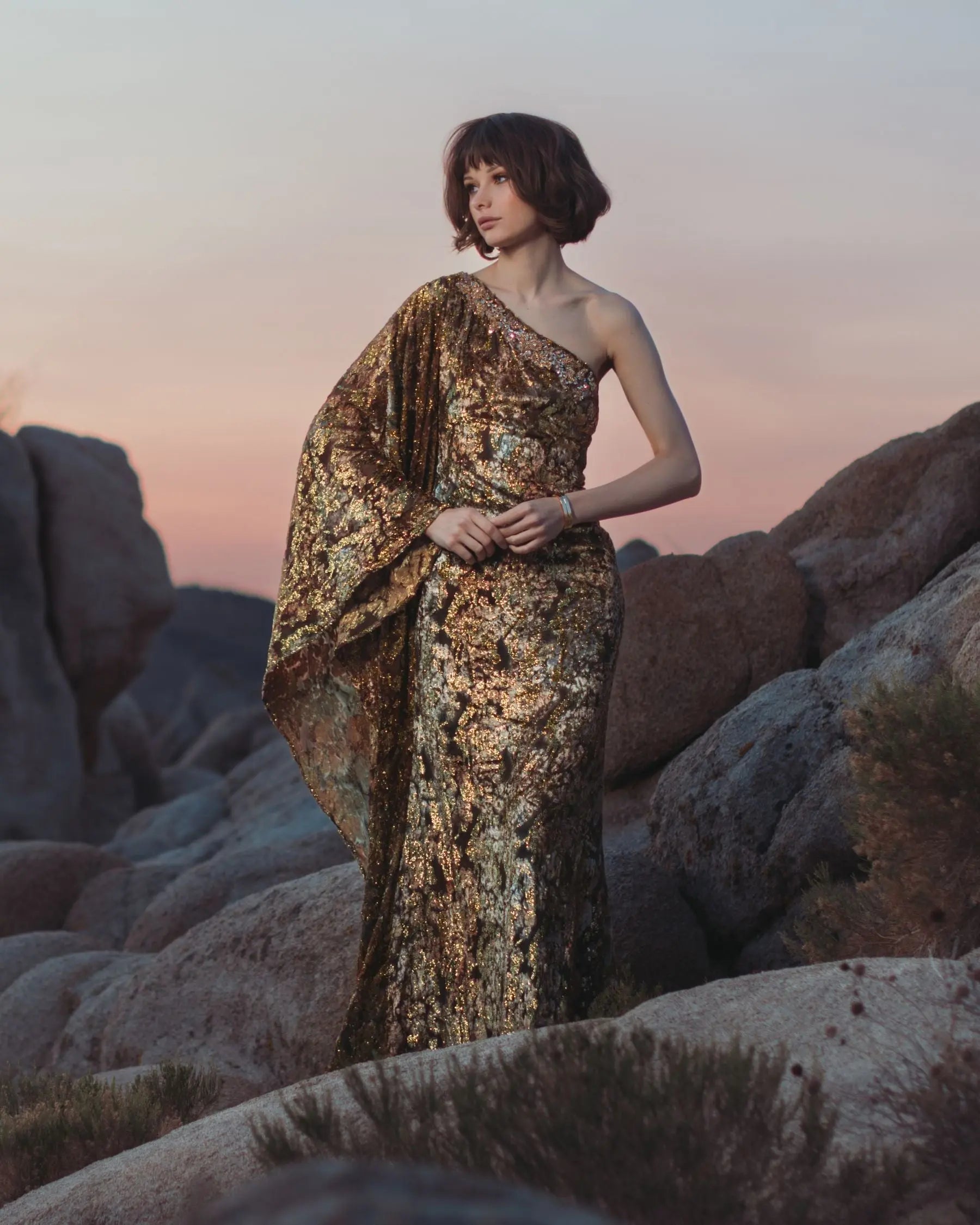 Gold One Shoulder Metallic Burnout Velvet Evening Gown - Image 4