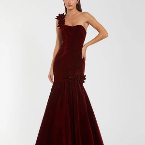 Dark Red Velvet One Shoulder Trumpet Gown With Flowers