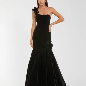 Black Velvet One Shoulder Trumpet Gown With Flowers