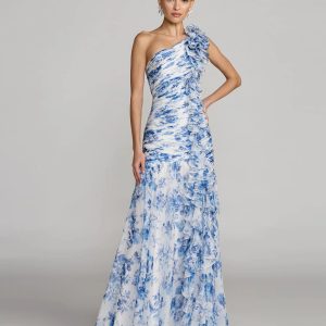 Blue Ruched Floral Chiffon Gown With 3D Ruffles