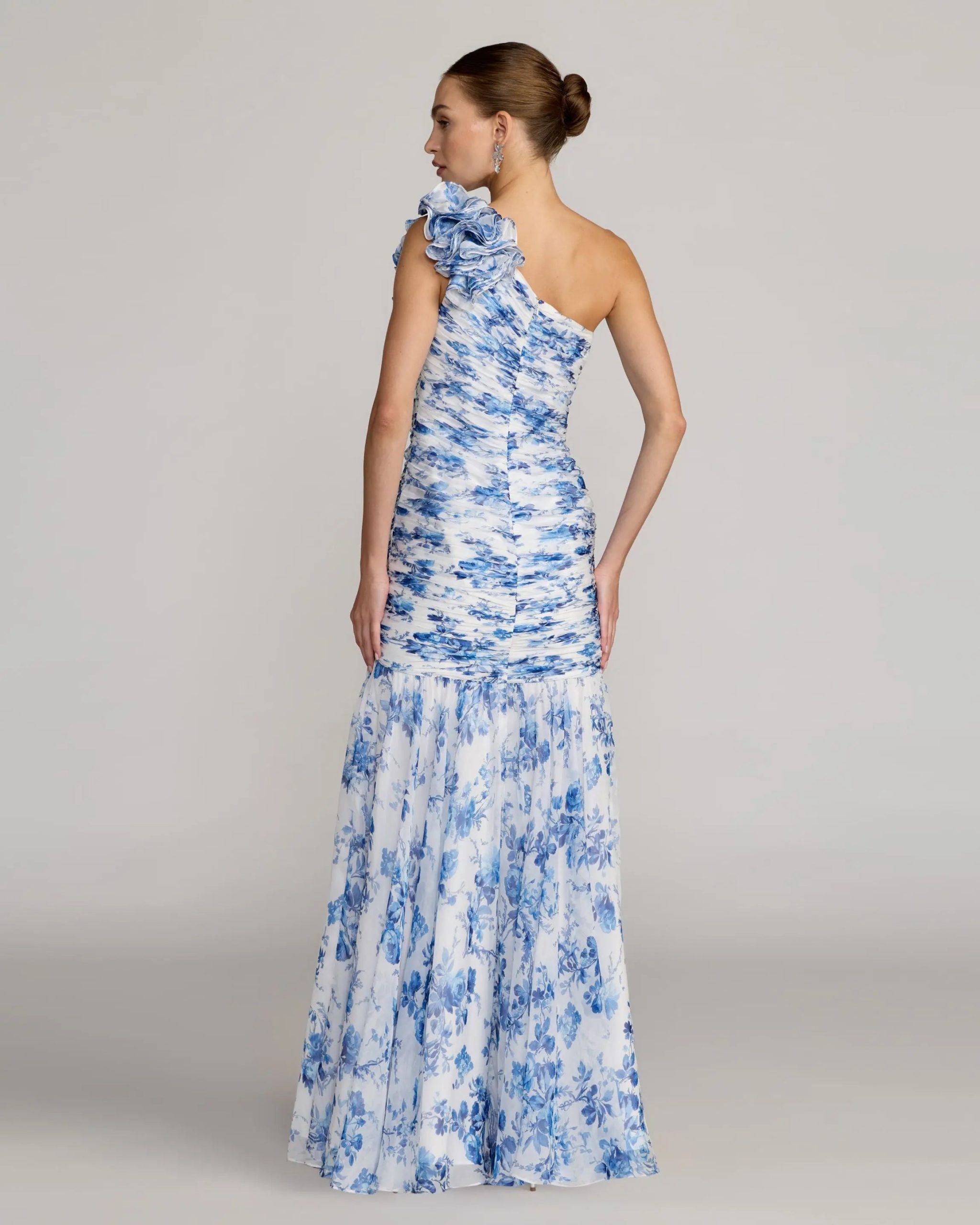 Blue Ruched Floral Chiffon Gown With 3D Ruffles - Image 4
