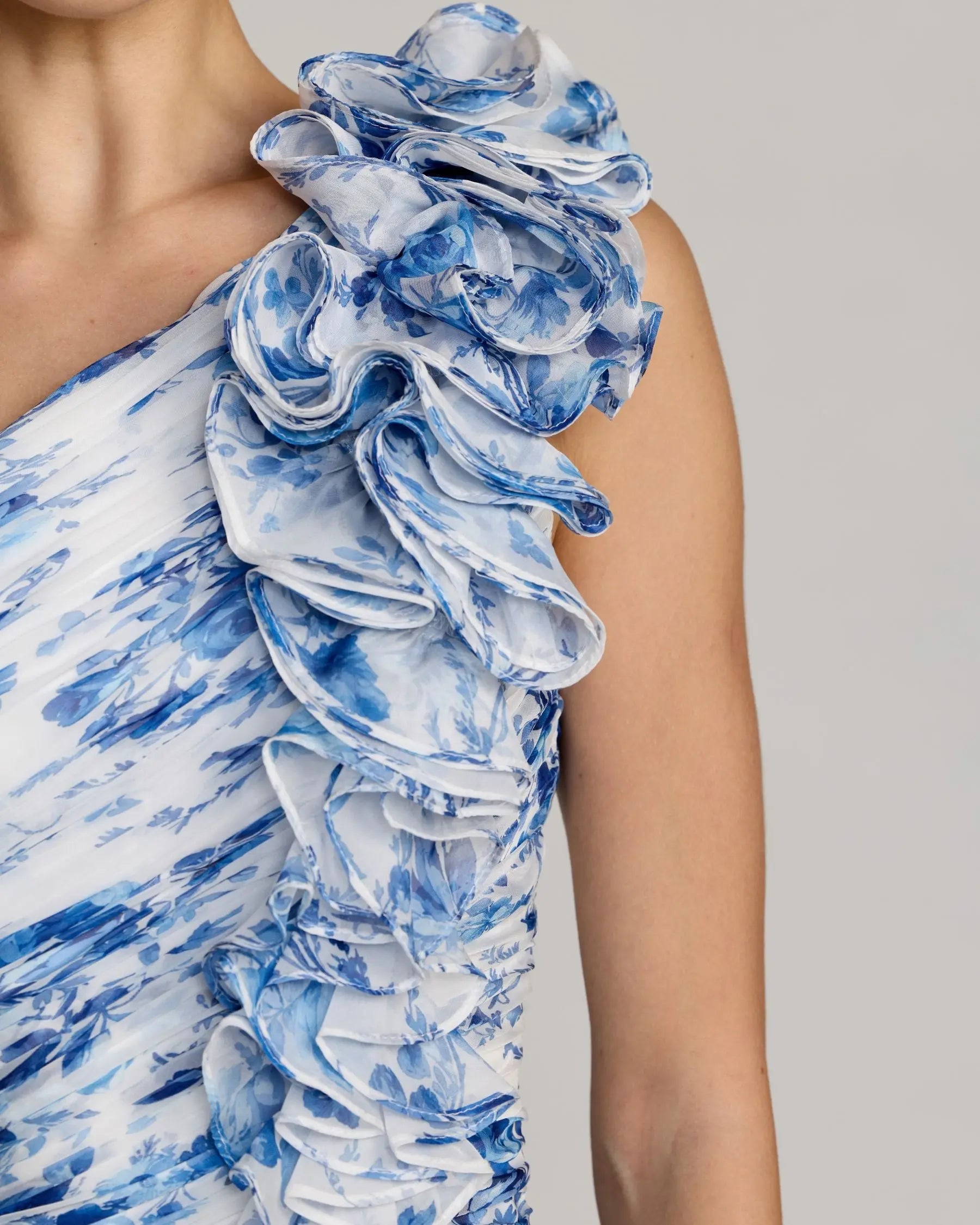 Blue Ruched Floral Chiffon Gown With 3D Ruffles - Image 3