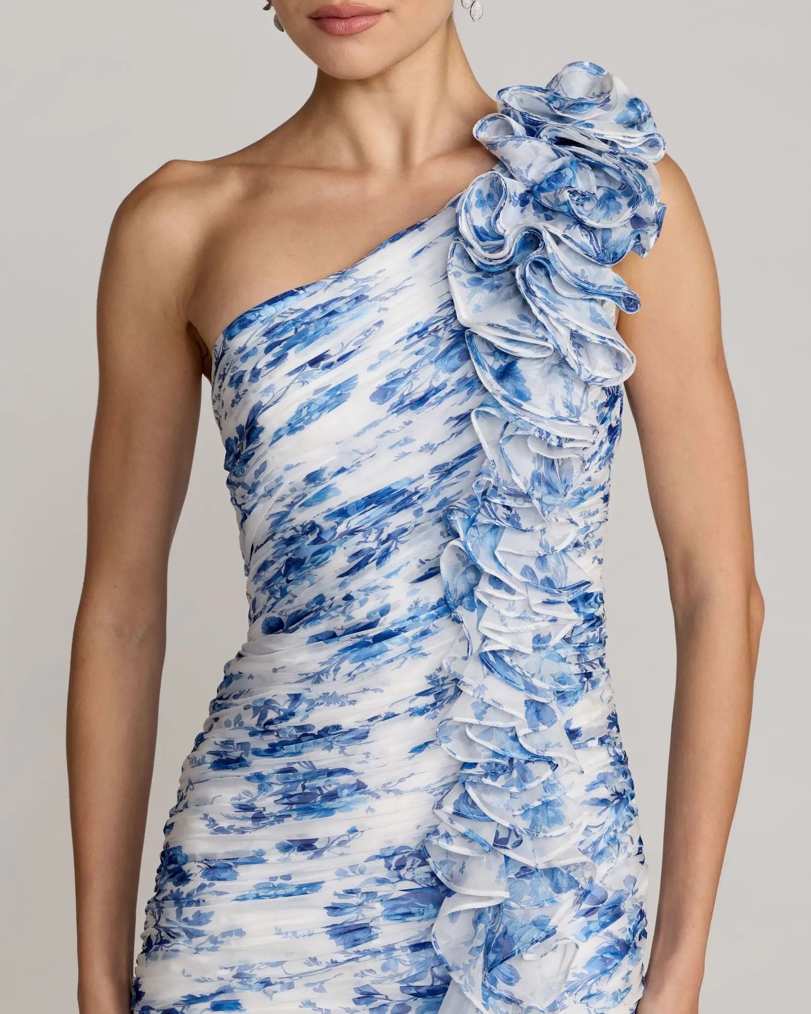 Blue Ruched Floral Chiffon Gown With 3D Ruffles - Image 2