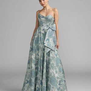 Blue Strapless Floral Brocade Ball Gown With Bow Detail