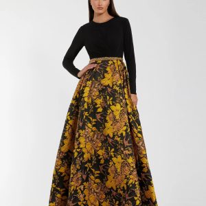 Black Long Sleeve Floral Brocade Ball Gown