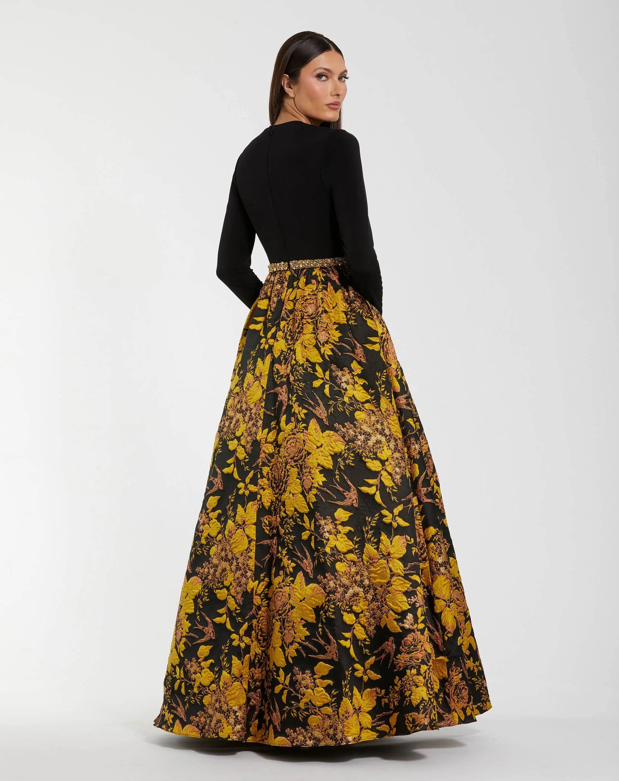 Black Long Sleeve Floral Brocade Ball Gown - Image 3