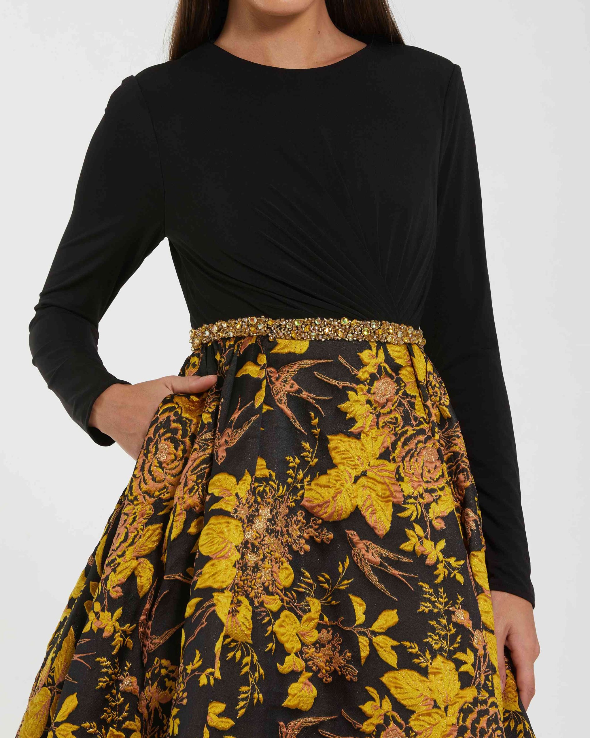 Black Long Sleeve Floral Brocade Ball Gown - Image 2